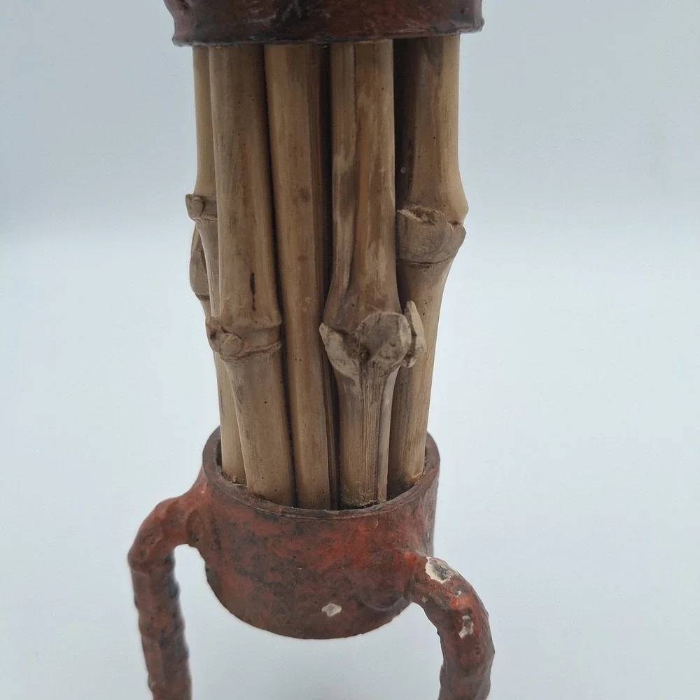 Rustic Metal Candleholder Bamboo Contrast Accent Three Legged Patina Rugged 7 In
